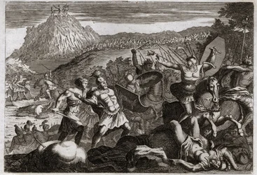Bible of Royaumont, Starý zákon: Porážka Amalec (Amalek). Mojžíš zvítězil nad Amalekity a držel ruce vysoko v nebi. Ilustrace z roku 1811.