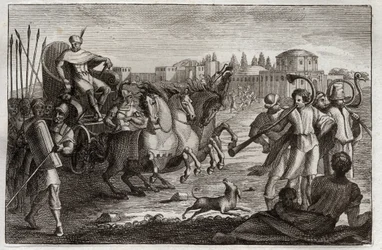 Bible of Royaumont, Starý zákon: Povýšení Josefa. Josef je vychován ve slávě. Ilustrace z roku 1811.