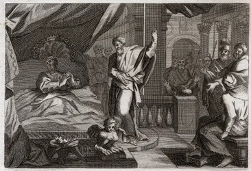 Bible z Royaumontu, Starý zákon: Ezechiáš získává zdraví. Král Ezechiáš byl smrtelně nemocný, získal zdraví a dalších patnáct let života. Prorok Izajáš (Isaiah) mu oznamuje své slovo: znamením bude vrátit stín hodin o deset stupňů.