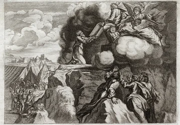 Bible of Royaumont, Starý zákon: První tabulky zákona. Bůh dává zákon svému lidu na hoře Sinaj. Mojžíš dostává 10 přikázání z rukou Božích. Ilustrace z roku 1811.