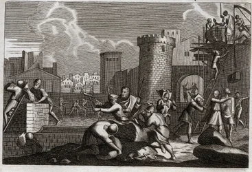 Bible of Royaumont, Starý zákon: Jeruzalémská odplata. Král Artaxerxes I. poslal Nehemii do Jeruzaléma s povolením vzbouřit všechny jeho hradby. Ilustrace z roku 1811.