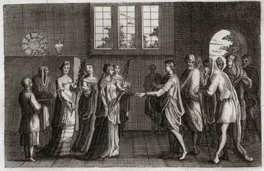 Bible of Royaumont, Starý zákon: Izákova svatba. Izák, syn Abrahamův, se ožení s Rebekou. Ilustrace z roku 1811.