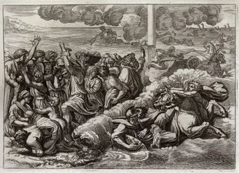 Bible of Royaumont, Starý zákon: Faraon se potápí v Rudém moři. Průchod Rudým mořem Mojžíšem a Hebrejci, utopení faraonovy armády. Ilustrace z roku 1811.