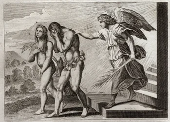 Bible of Royaumont, Starý zákon: Potrestání Adama. Bůh vyžene Adama a Evu z ráje poté, co padnou, a postaví ke dveřím cherubína, aby bránil jejich vchod. Ilustrace z roku 1811.