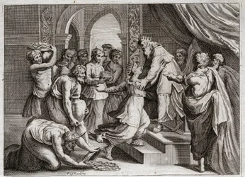 Bible z Royaumontu, Starý zákon: Královna ze Sáby. Královna ze Sáby přichází k Šalomounovi, aby si poslechla jeho moudrost a nabídla mu dárky. Ilustrace z roku 1811.