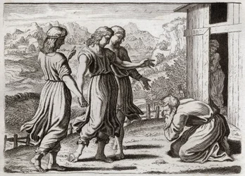Bible of Royaumont, Starý zákon: Sara concots Isaac. Abraham obdrží tři anděly, kteří Sáře (Sarah) slíbí, že za rok bude mít syna. Ilustrace z roku 1811.