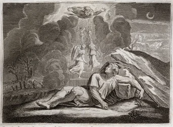 Bible of Royaumont, Starý zákon: Měřítko Jákobovo. Jákob prchající před Ezauovým hněvem žije a spí na tajemném žebříku. Ilustrace z roku 1811.