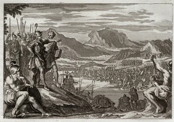 Bible of Royaumont, Starý zákon: Vojáci z Gedeonu. Bůh přikazuje Gedeonovi (Gideonovi), aby vedl všechna svá vojska k řece Jordán, a dává mu znamení, aby rozeznal ty, které měl použít k boji proti Midjáncům. Ilustrace z roku 1811.