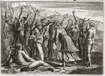 Bible of Royaumont, Starý zákon: Král Šalomoun. David ustanovil Šalomouna králem na modlitby Betsabee a proroka Nátana. Ilustrace z roku 1811.