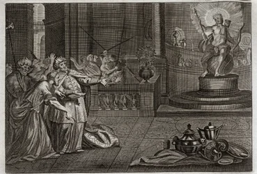 Bible of Royaumont, Starý zákon: Idol Belova. Daniel zničil Belovu modlu a zabil draka, kterého Babyloňané uctívali. Ilustrace z roku 1811.
