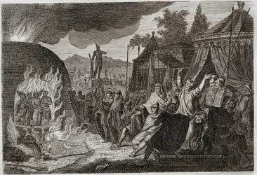 Bible of Royaumont, Starý zákon: Tři děti Babylonu v peci. Král Nabuchodonozor II vrhá tři mladé hebrejské muže do hořící pece, odkud jsou zázračně vysvobozeni. Říká se jim Ananias, Azarias a Misael (nebo Shadrac