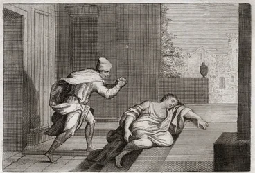 Bible of Royaumont, Starý zákon: Žena z pobouření Levite. Levitova manželka byla nalezena mrtvá ve dveřích poté, co byla zneužita násilníky. Ilustrace z roku 1811.