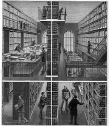 Bibliothèque Nationale v Paříži: místnost pro zpracování a ukládání časopisů v Bureau des Entrées. Rytina v „La Nature: revue des sciences et de leurs applications aux arts et à l