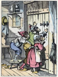 Bikety poslouchají, kdo klepe na dveře. Ilustrace příběhu „Compere le Loup, Maitre Renard, Comere la Chevre et ses petits biquets““ podle bajky Jean de la Fontaine. V „“ Pohádky z domova pro nejmenší““. Anonymní rytina 1
