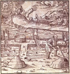 Sklizeň bitumenu. Georg Bauer Agricola “De Re metallica”” kniha ze 16. století. Bibl. z vědeckého muzea v Miláně.