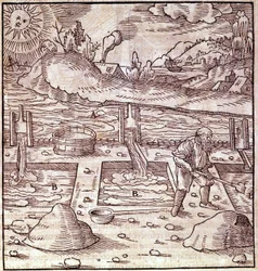 Obnova bitumenu. Georg Bauer „Agricola De Re metallica“ kniha z 15. století. Bibl. z Muzea vědy v Miláně.