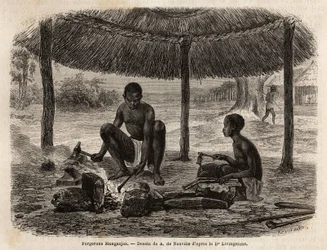 Kovář manganja (etnická skupina regionu Zambeze). Rytina pro ilustraci prvních plaveb Dr. Livingstonea do jižní Afriky v letech 1840 až 1856 v „Le tour du monde, nouveau journal des voyages““ vydaném pod vedením Edouarda Chartona