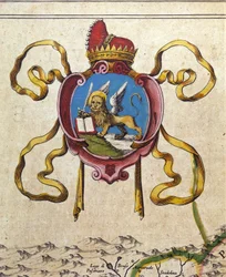 Erb Benátské republiky zdobí lva svatého Marka. 19. století