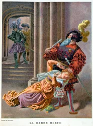 Modré vousy (překvapeně bere ženu za vlasy). ilustrace 19. století.