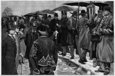 Bookmakeři na dostihovém závodišti Auteuil před odstraněním demonstrací v „“Le Monde Illustré““ 1887.