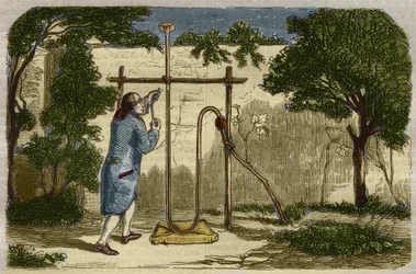Botanika: zkušenost Stephena Halese (1677-1761) na vzestupné síle sedmi v roce 1727. Rytina z roku 1859 v „“Le Musee Des Sciences““