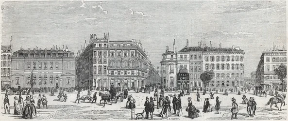 Boulevard des Italians s café de Paris, rue Taitbout, house Doree, rue Lafitte, kavárna Riche a rue Lepelletier - rytina v „Tableau-de-Paris“ od Edmonda Texiera 1852