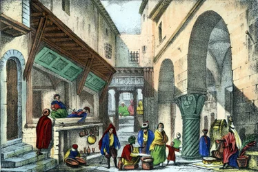 Obchody v ulici v Alžíru. ve „Starověkém a moderním Alžírsku““ od Léona Galiberta. Italské vydání v barvě 1846.
