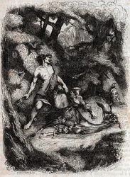 Bradamante terrassee od obřího - rytina z roku 1851 z „“Zuřivého Rolanda““ (Orlando furioso) (16. století) od Ludovica Ariosta, známého jako Ariosta – vydání přeložené z italštiny hrabětem z Tressanu a vydané Gustavem Harvardem 1851
