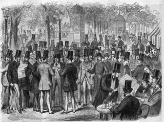 Makléři poblíž malé Bourse du Boulevard des Italians v Paříži, Francie. Gravírování v „The Illustrous Universe“