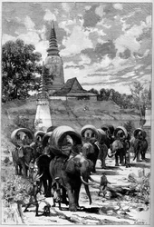 Kambodža: lovecká karavana francouzského protektorátu před horou Lady Penh (Phnom Penh, Phnom Penh) V „The Illustrious World““ č. 1312 z 20. května