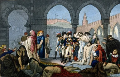 Kampaň (expedice) do Egypta (1798-1801): Generál Bonaparte navštíví nemocnici pestiferes v Jaffě. Rytina 19. století.