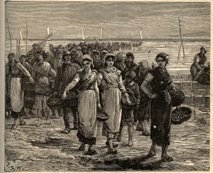 Cancale - Bretaň - Cancalaises vracející se z rybářských lodí - - rytina „“ PATRIE“ - PECTUREQUIREQUE POPIS FRANCIE V 6 SVAZTECH LUCIEN HUARD - konec 19. století