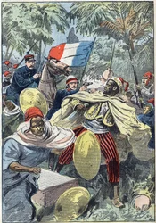 Zajetí Samoryho Tourého (asi 1830-1900), súdánského vůdce a odpůrce francouzské kolonizace Afriky, kapitánem Gouraudem a poručíkem Jacquinem. Súdán