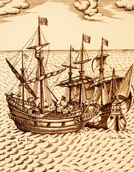 Zachycení španělské galeony Cagafuego Golden Hind vedenou Francisem Drakem v březnu 1579 (rytina)