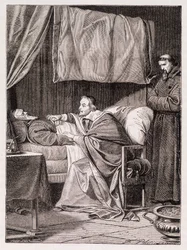 Kardinál Richelieu na smrtelné posteli otce Josepha - rytina