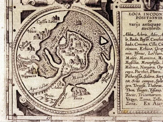 Pohled z Kartága na Tuniský záliv v historickém atlasu ze 17. století.