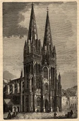 Katedrála Saint Corentin z Quimper - Cathedrale Saint-Corentin de Quimper - rytina v „“ PATRIE“ - PECTUREQUIREQUE POPIS FRANCIE V 6 SVAZTECH LUCIEN HUARD - konec 19. stol.