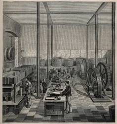 Celuloid: výroba celuloidu. Rytina z roku 1885 v „“Les arts et metiers illustres““ od Adolphe BITARDA.