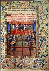 Ceremonie a obřady jako zástava bitvy: souboj v uzavřeném poli mezi dvěma rytíři Miniatura z rukopisu Jeana de Rolin (15. století) 1460 Paříž, B.N.