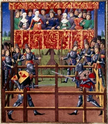Ceremonie a obřady jako zástava bitvy: souboj v uzavřeném poli mezi dvěma rytíři Miniatura z rukopisu Jeana de Rolin (15. století) 1460 Paříž, B.N.
