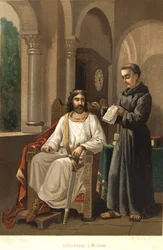 Karel Veliký (747-814), král Franků a císař Západu, a Alcuin (asi 781). po „La Ciencia y sus Hombres““ od Louise Figuiera. Barcelona 1881