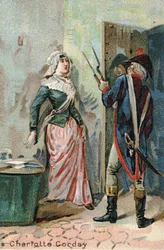 Charlotte Cordayová (1768-1793) po vraždě Marata. Liebigova chromolitografie z 19. století