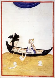 Charon (Caron) přiměje Danteho a Virgila Acherona překročit řeku podsvětí – v „Božské komedii““ od Dante Alighieriho, miniaturě rukopisu ze 14. století, Bibl. Městský úřad v Rimini.