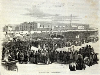 Chartistická demonstrace na Kennington Common: politické dělnické hnutí, předchůdce socialismu, rytina z roku 1848