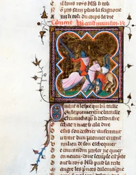 ""rytíř v brnění"" Iluminovaná stránka z rukopisu ""Le Roman de la Rose"" od Guillaume de Lorris (asi 1200-1238) a Jean de Meun (Meung) (1240-1305) asi 1353 Švýcarsko Bibliotheque de Geneve