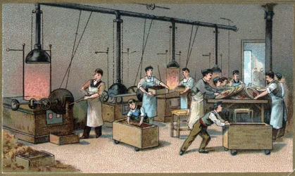 Výroba čokolády. Cocoa Torrefaction Room. Chromolitografie konce 19. století