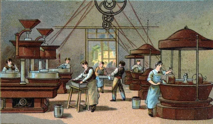 Výroba čokolády, míchací místnost. Chromolitografie konce 19. století