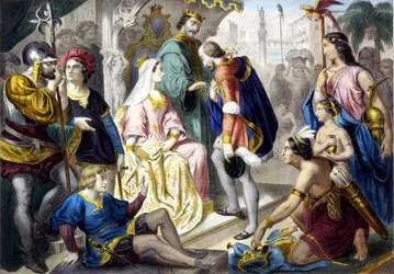 Kryštof Kolumbus před katolickým králem Ferdinandem II. Aragonským a královnou Isabelou I. Kastilskou při jeho návratu z Ameriky