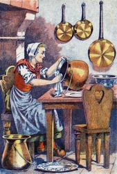 Popelka v kuchyni, „“, Ilustrace k „“ Popelce“, příběh Charlese Perraulta (1628-1703), francouzského spisovatele. Anonymní ilustrace.