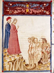 Kruh zrádců: Dante a Virgil potkají duše zrádců dobrodinců. Osvětlená stránka ilustrující 34. píseň pekla čerpá z „Divina Commedia“ od Dante Alighieriho (1265-1321). 14. století, Benátky, Biblioteca Marciana